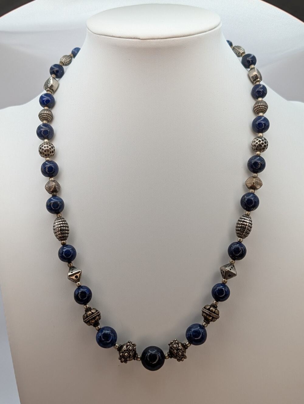 Vintage Lapis Lazuli Beaded Necklace With Some 925 Sterling READ DESCRIPTION